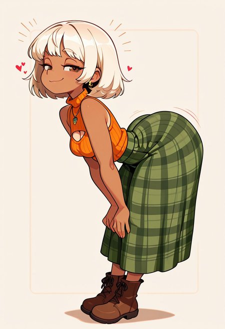masterpiece, best quality, newest, absurdres, highres, aijalon, ppka, 1girl,  thick voluptuous female, , looking at viewer, blonde platinum hair,tanned, thick thighs, eager, flirty, , medium length hair, bangs, office background, orange turtleneck sweater, green skirt,  smug, slutty, becokning, bent down, standing, straight legs, 
, vivid high contrast colors, , ,Portrait, 1girl, , ,, eyes,pupils,,  ,bold lines, thick lines,  straight posture,, innocent, adorable, warm,  pretty,  seductive , standing, round ass,   , hearts, love, cowboy shot, mid riff, naval, 
),round gold earrimgs,, cleavage, petite breasts ,,ttbo, hip dips, thick thighs, thick adult curvy woman , reashg, blonde hair, short hair, brown eyes, orange sweater, sleeveless turtleneck, necklace, green skirt, plaid skirt, long skirt, ((full body))  Brown boots, big ass, partial side view, arching back