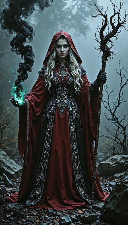 devast8,perfect hands A creative image of a powerful elven sorceress practicing black magic, swirling black smoke around her, red robes, intricate silver embroidery on her cloak, mystical runes glowing on her staff, eerie green eyes, long flowing silver hair, dark misty forest background, ZdzisÅaw BeksiÅskis dark surrealism, H.R. Gigers biomechanical details, and Luis Royos dramatic lighting