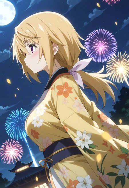 score_9, score_8_up, score_7_up, source_anime, masterpiece, best quality,perfect anatomy,rating_sage,charl, other,yellow flower print kimono,large breasts,blush,tareme,drooping eyes,shiny skin,outdoors,night,moon,fireworks,starry sky,,dynamic angle,dutch angle,solo focus,side view <lora:charl.pony:1>