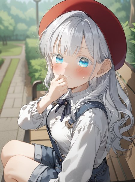 score_9_up, score_8_up, score_7_up, (Anime_source), 1girl, embarrassed, sitting in park bench, looking at viewer, from side, from above, overalls, red headwear, hat, loose shirt <lora:Aisha_Del_Elmir_-_Into_the_Light_Once_Again:1> aisha del elmir, 1girl, blue eyes, white hair, long hair, medium breasts, white eyeslash, bangs, hands on mouth