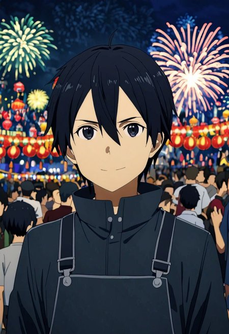 high resolution, professional photography, best quality, 1Boy, Kirigaya Kazuto, Black Hair, Black Eyes, overalldetail, festivals, nights, fireworks, crowds, happy