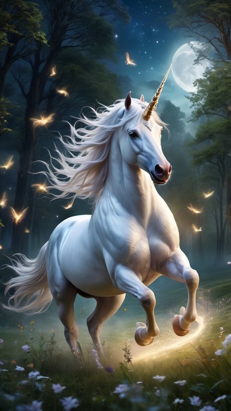 Mythical unicorn galloping across moonlit meadows, sparkling mane, elegant horn with intricate carvings, photorealistic fur, cinematic quality, surrounded by fireflies, fluid movement, gleaming hooves, dreamlike ambiance, fantasy forest in the background