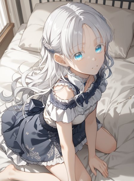 score_9_up, score_8_up, score_7_up, (Anime_source), 1girl, suprised, kneeling on bed, looking at viewer, from side, from above, dress <lora:Aisha_Del_Elmir_-_Into_the_Light_Once_Again:1> aisha del elmir, 1girl, blue eyes, white hair, long hair, medium breasts, white eyeslash, parted bangs