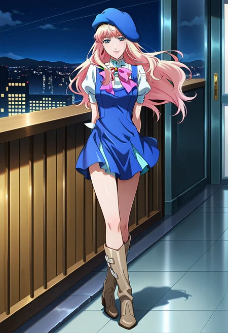 rooftops, cityscape, night,
BREAK,
light smile, looking at viewer, hands behind back,
full body, 
BREAK,
<lora:sherylX_illustriousXL_v01:0.99>
sheryl nome, sherylcasb, blonde hair, blue beret, gradient hair, blue eyes, single earring, 
juliet sleeves, white sleeves, blue vest, blue skirt, high collar, short sleeves, asymmetrical dress, pink ribbon, white gloves, bangle, 
brown boots, knee boots, source_anime, very aesthetic, anime coloring, masterpiece, 
best quality, amazing quality, ultra detailed, very aesthetic, 
detailed background, 
BREAK,