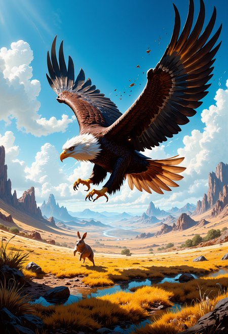 A detailed aerial view of a majestic eagle in mid-flight, with its wings fully extended, casting a large shadow on the ground below. Below the eagle, a small hare runs frantically, zig-zagging across a grassy plain. The sunlight casts long shadows, and the sense of speed and urgency is heightened by the movement of the eagleâs wings and the hare's desperate sprints. The sky is bright blue, with sparse white clouds, creating a vivid contrast between the eagle, the hare, and the vast open landscape.     <lora:FluxMythP0rtr4itStyle:0.8> MythP0rt, <lora:aidmaImageUpgrader-FLUX-V0.1:0.33> detailmaximizer, <lora:flux_vividizer:0.33> <lora:artilands:0.77>