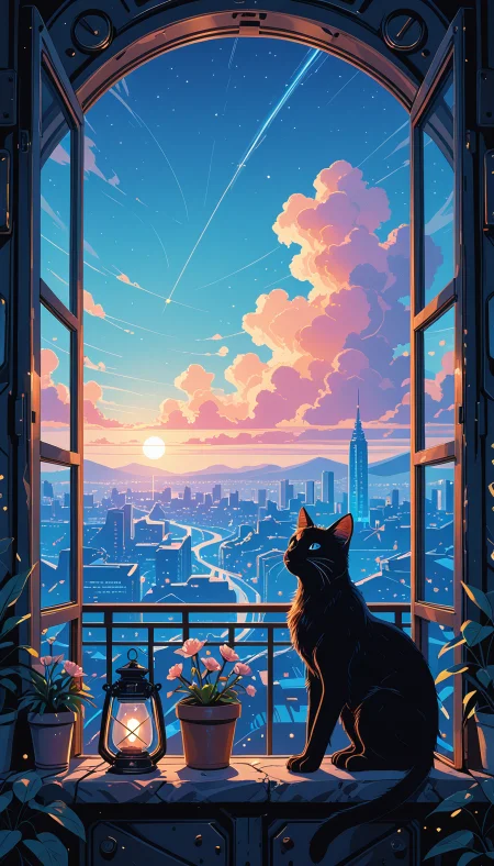 masterpiece, Shinkaistyle,
pinkretroanime, retro art,
Cyberpunk Style, cyberpunk, science fiction, hi tech, future tech, neon, (Cybernetics:1.25), (Neon Cityscape:1.4), (lineless:1.5), smooth edges, (lighten the face:1.5), tall body, slender body, fit body, long legs, In the tranquil embrace of nightfall, a black cat perches on a windowsill, its gaze fixed on the celestial canvas overhead. The window frame is painted in stark white, creating a striking contrast against the indigo backdrop of the sky. Orion's Belt and other stars twinkle like distant fireflies, casting an ethereal glow across the scene. Inside the window, a small potted plant stands near a window frame, adding a touch of green to the otherwise monochrome setting. The cat's eyes, glowing with the soft light from the stars, reflect a sense of curiosity and wonder about the night sky. Its fur is as dark as the night itself, blending seamlessly with the shadows cast by the moon. The image captures this moment from a low angle looking up at the cat, emphasizing its contemplative stance. The character is positioned centrally in the frame, drawing immediate attention due to its color contrast and central positioning. There's a sense of calm solitude in the scene, as if the cat is lost in thought under the starlit sky. The overall atmosphere is one of peacefulness, with the quiet street outside framed by the open window. It's a snapshot of a serene night where man's best friend enjoys a peaceful gaze into the endless expanse of the universe., solo, sitting, outdoors, sky, cloud, indoors, from behind, star \(symbol\), from side, blue sky, no humans, window, night, shadow, animal, chair, cat, cloudy sky, plant, building, star \(sky\), night sky, scenery, starry sky, sunset, city, door, railing, potted plant, cityscape, black cat, house, animal focus, twilight, evening, whiskers, rooftop, contrail, gradient sky, shooting star, flower pot, dusk, balcony, open window, looking outside, windowsill