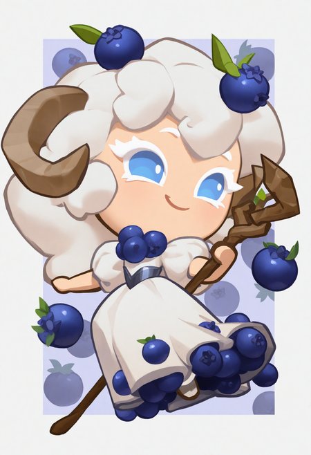masterpiece,best quality,amazing quality,
crk1styl111,<lora:lycoris:1>,(chibi:1.4),colored eyelashes,white eyelashes,dynamic pose,solo,full body,(blueberries background:1.2),
girl,smile,blueberries print,(blueberries girl:1.1),long hair,blue eyes,border,long dress,puffy sleeves,sheep horns,holding staff,