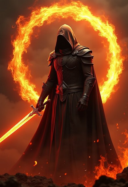 Faceless entity wearing cloak,fire spiral around him,holding sword of flame,a masterpiece,8k resolution concept,dark armor,movie poster written THE FLAME OF FATE