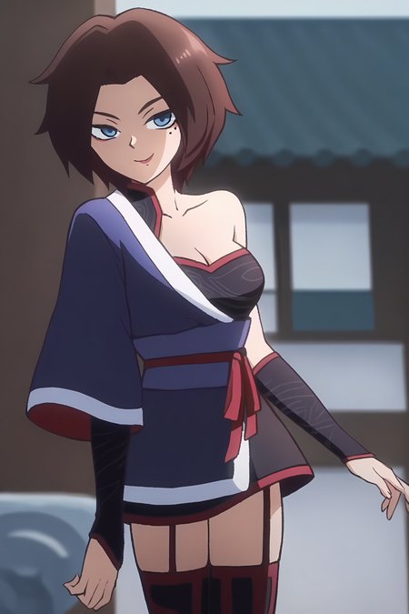 <lora:meihuashiyi:1>,meihuashiyi,1girl,solo,blue eyes,mole under eye,brown hair,short hair,parted bangs,single bare shoulder,cleavage,collarbone,thighhighs,garter straps,japanese clothes,smile,looking at viewer,, masterpiece,best quality,amazing quality,absurdres, anime screenshot, lazypos ,