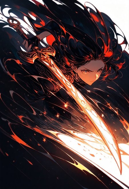 (masterpiece: 1.2), (best quality: 1.2), very aesthetic, 4k, (InkPunk: 1.2), dynamic pose, vivid color, deep colors,dramatic lighting, intricate details, thick contours, volumetric shadows,1 girl, solo, Holding a sword,(rage: 0.8), (berserk: 0.8), intense,dark tone map, chromatic abberation, analogue filter , negative space, exquisite detail on weapon