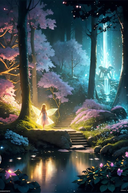 ( detailed realistic background:1),
( official art, beautiful and aesthetic:1 ),
realistic lighting,
cinematic lighting,
hyperrealism,
soothing tones,
muted colors,
high contrast,
soft light,
sharp,
artistic photoshoot,
<lora:FeyAndFairies-11:0.8>FeyFa, , forest, trees, middle, path, waterfall, through, background, stream, flowers, lights, running, in the foreground stands a fairy in front of her fairy house, light,( cute, petite ),
slender,
european,
pale cheeks,
square face shape with angular jaw,
natural "no-makeup" makeup,
big breasts,
,
blonde hair ,
v-cut  ,wearing a see-through gossamer fairy short dress,
night time, darkness,