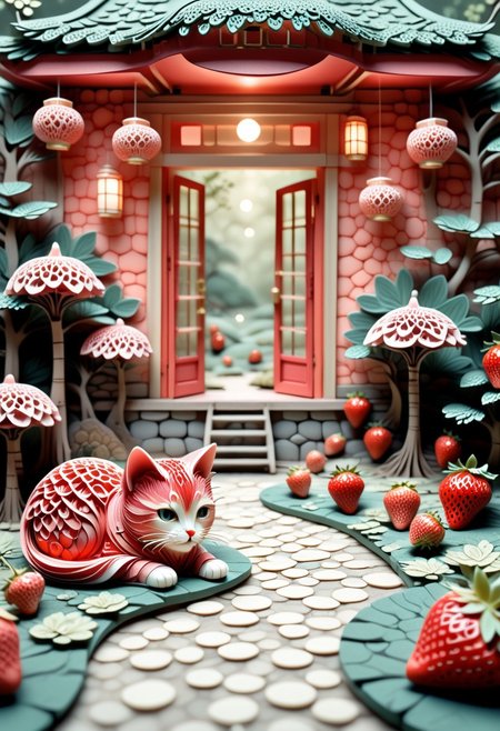 lazypos, Strawberry Teahouse is cozy teahouse nestled within a strawberry in a quiet garden, with bonsai trees, stepping stones, and paper lanterns shaped like tiny berries. A cat naps at the doorway. Muted vintage palette, overhead tilt-shift style, soft focus and glowing ambient light.
Style tags: peaceful surrealism, miniature realism, minimalist composition, clean and detailed, clear smooth lines, cozycore, strawberry fusion, bold striking strawberry red, saturated reds, Paper Quilling, Layered Paper, low-poli, voxels, voronoi, whimsical,