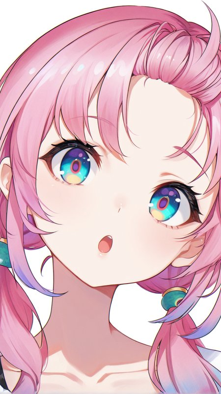 1girl, solo, long_hair, looking_at_viewer, open_mouth, bangs, blue_eyes, simple_background, shirt, white_background, twintails, collarbone, upper_body, pink_hair, virtual_youtuber, :o, low_twintails, portrait, multicolored_eyes, gradient_eyes, yellow_pupils