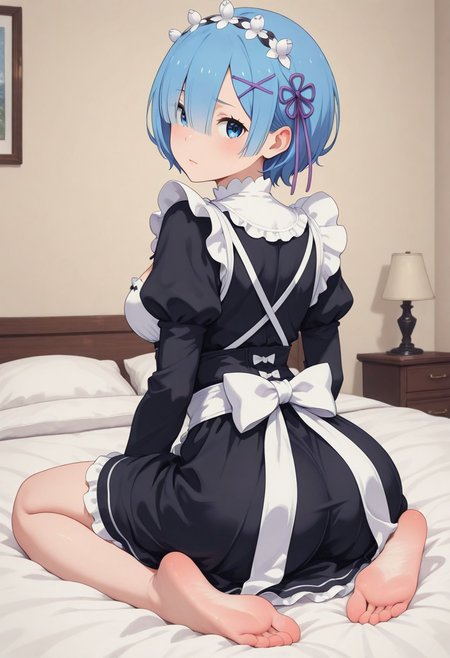 Ren \( Re:Zero\), blue hair, blue eyes, medium breasts, hair ornament, maid outfit, Indoor, bedroom, sitting on bed, sitting on feet, backview, looking back,
masterpiece, best quality, good quality, very aesthetic, absurdres, newest, 8K, 
in the style of cksc, in the style of cknc, artist:moriimee, in the style of ck-rw