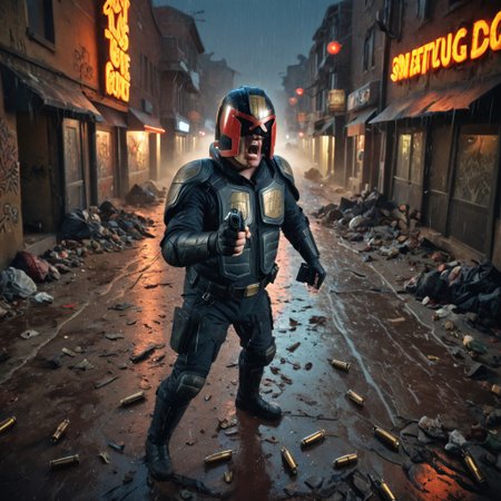 1 man,  judge dredd wearing helmet, (on the street), (pointing forward), (yelling), angry, from above, body armor, (holding a big pistol), bullet casings, smoke, graffiti, trash on ground, (blood on ground), bullet holes, dynamic lighting, (dark), (orange neon lights), (night time), (raining), extreme high quality, gritty, jdgdrdd, rubble, explosions, (wet), (puddles)