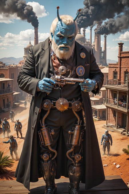 A hyper-realistic portrait, photorealistic photo close-up image of  On the edge of a dusty canyon, a towering, steam-powered andorian sheriff with blue skin and a full, white beard and tired brown eyes stands on a wooden platform, his mechanical arm whirring as he adjusts the dials on his copper-plated badge. His Antennae casts a shadow over his piercing, golden eyes, and his long duster coat flutters in the breeze, revealing the gleaming brass pistons that run along his legs. Behind him, the sheriffâs office, a formidable structure of riveted steel and brick, looms with towering smokestacks belching thick black clouds into the air. Below, a group of captured outlaws, their hands bound with glowing, blue energy cuffs, sit nervously in a steam-powered cage wagon, awaiting transport to the distant prison town. The sheriffâs mechanical arm hisses as he holsters his oversized revolver, a massive weapon of copper and iron that glows faintly with blue light, the symbol of law and order in this harsh, steam-fueled frontier. Around him, clockwork deputies stand at attention, their gears clicking softly as they await orders. The hot desert wind carries the scent of oil and gunpowder, mingling with the dust that swirls around the canyon. The scene is one of steely resolve and quiet dominance, where the law is upheld by the cold precision of machines. (photography, high-resolution, dynamic, energetic,hyper-realistic, dramatic lighting, shallow depth of field.), detailmaximizer, MythP0rt<lora:midjourney_whisper_flux_lora_v01:0.55><lora:aidmaMJ6.1-FLUX-V0.1:0.4><lora:FluxMythP0rtr4itStyle:0.4><lora:detailed_flux_ntc:2.2><lora:aidmaImageUpgrader-FLUX-V0.1:0.65><lora:andorian_FLUX>