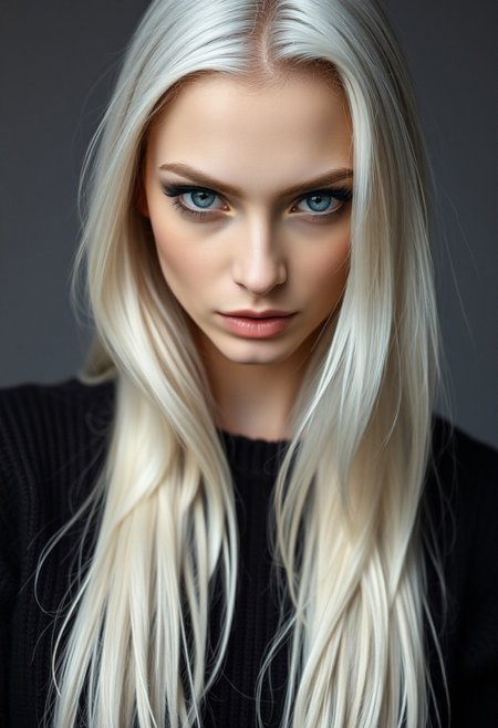 upper body portrait, one pale woman (supermodel) head lowered bt eyes looking at viewer, sultry expression, long white hair, piercing eyes, seductive, charming woman, charmful looking, captivating, minimalist, slender frame, detailed, wool jumper