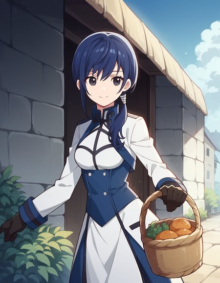 score_9, score_8_up, score_7_up, source_anime, <lora:grimgar-merry-s1-ponyxl-lora-nochekaiser:1>, merry, short hair, blue hair, black eyes, ponytail, low ponytail, side locks, medium breasts, gloves, pantyhose, uniform, long sleeves, white uniform, blue uniform,, farmers market, fresh produce, local vendors, baskets, sunny day, community, smile, , smile, solo,, cowboy shot, dutch angle