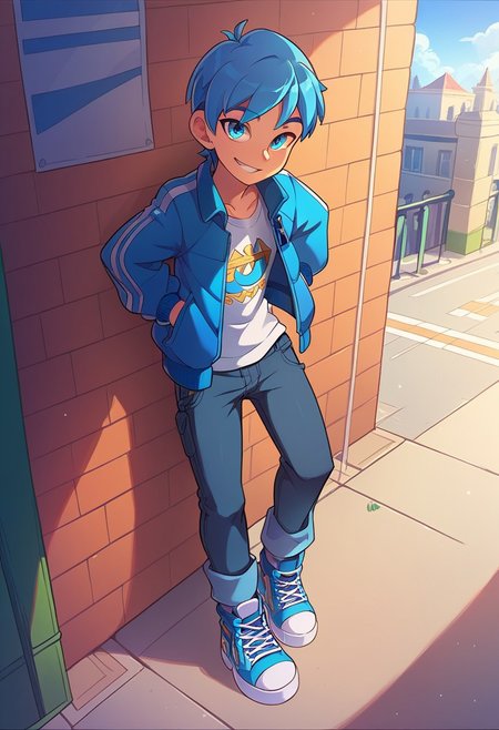 (((beautiful, high quality))), score_9, score_8_up, score_7_up, score_9, score_8_up, score_8, masterpiece, best quality, unrealistically high details, extremely high quality, ultra high detail, good anatomy, anime style, full body, park background BREAK cute, ((1boy, solo, blue hair, cyan eyes, smile,  skinny boy, (((
blue racing driver's jacket, black jeans, blue sneakers, sultry look, looking at viewer))), dramatic angle, (ray tracing, good shadows, score_9, score_8_up, score_7_up),