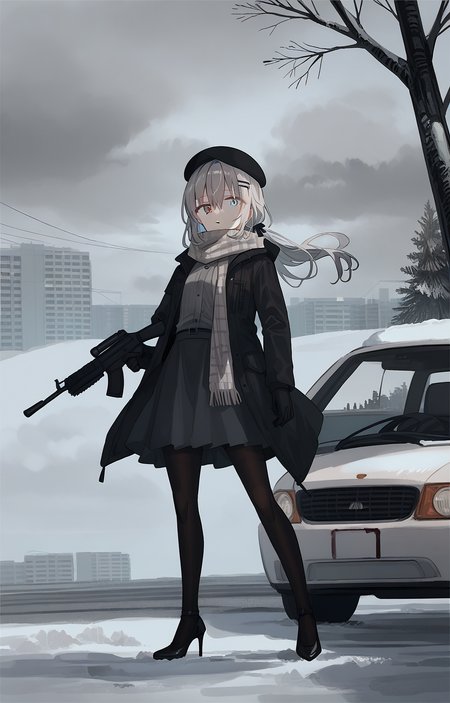 score_9, score_8_up, <lora:chihuri_style_1024x1600_basePony_v1:1> chihuri, 1girl, solo, long hair, looking at viewer, blue eyes, shirt, skirt, long sleeves, gloves, hat, holding, hair between eyes, closed mouth, standing, jacket, grey hair, weapon, pantyhose, outdoors, open clothes, sky, black gloves, collared shirt, day, cloud, black skirt, black footwear, holding weapon, scarf, open jacket, black jacket, high heels, black pantyhose, tree, grey eyes, gun, black headwear, dress shirt, blood, heterochromia, beret, cloudy sky, holding gun, grey shirt, motor vehicle, snow, car, submachine gun, shovel, overcast