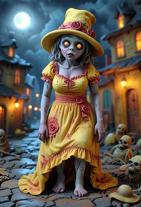 crawling(nightmarish zombie) feminine, full-figured body,  wearing rotten yellow decayed dress, muddy barefoot, hollow eyes, haunted hat, set in  a haunted town, with shadowy figures, ghostly whispers, broken structures, and eerie ambiance , at night, Masterpiece,best quality, very aesthetic,