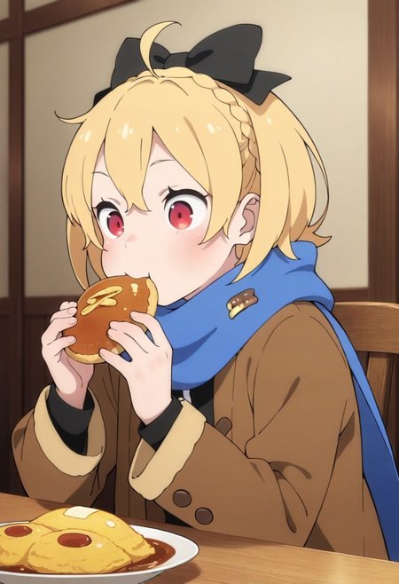 masterpiece,best quality,amazing quality, felt, short hair, blonde hair, red eyes, 1girl, food, scarf, solo, braid, hair bow, bow, eating, ahoge, upper body, blue scarf, black bow