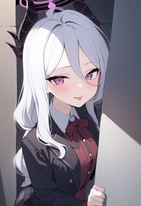 (masterpiece),(best quality),(ultra-detailed),(best illustration),(best shadow),(absurdres),(detailed background),(very aesthetic), 1girl, solo, Hina_(Blue_Archive), white hair, purple eyes, long hair, cabaret outfit, seductive smile, tongue out, leaning on a wall, alley background, red-light district, upper body,