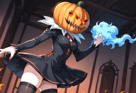 (masterpiece), (score_9, score_8_up, score_7_up,source_anime), 4K8K, 
(from side), misty, steam, fog, Floating Halloween pumpkins, 
halloween, halloween fantasy, (jakkRo), 
(pumpkinhead woman, Pumpkinhead:1.3), (solo), (Glossy skin, pale skin:1.3),  (hugging myself), blue flame, burning pumpkin, (dark aura:1.4), (smirk, half-opened mouth, Canine, tooth, fang1.2), 
(medium figure:0.9), (pointy breasts:1.1), 
(glowing eyes), 
(wearing vampire cos, dress, makeup, red and black dress, Miniature Hats, zettai ryouiki, thighhighs:1.2), 
(emperor's audience room, dark room:1.3), elf ears,