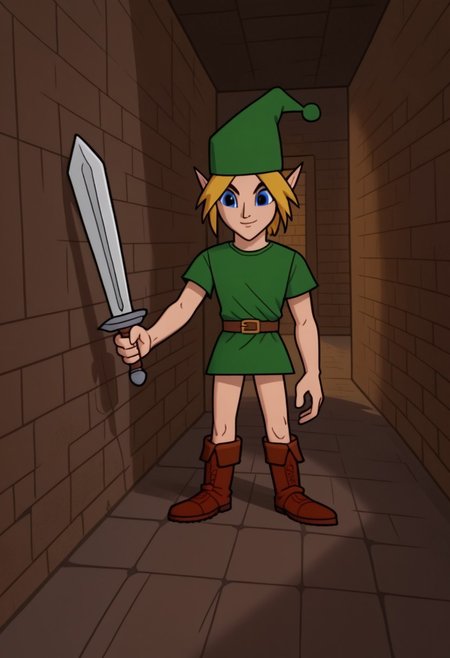 Solo, one character, MajorLink,  male, majorlink, blond hair, long pointy ears, blue eyes, green tunic, brown belt, a floppy hat, brown boots, smile, holding with left hand sword, stone corridor, four fingers,