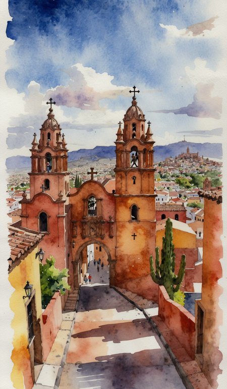 Watercolor illustration of San Miguel de Allende, Mexico