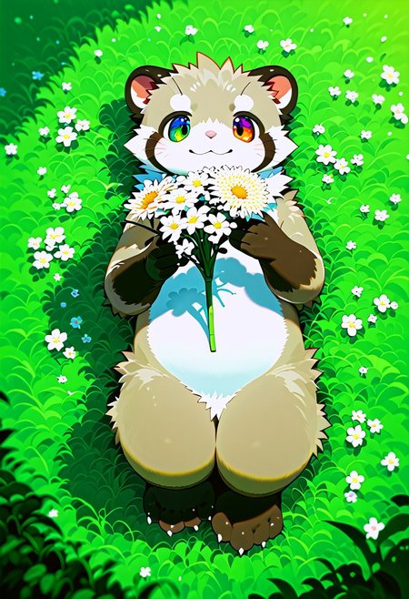 zuppu11, full body, solo, furry, score_9, score_8_up, look at viewer, male focus, raibow eyes, rainbow eyes, no humans, fractal iris, furry male, ferret lying on grass, flux-style, detailed eyes, blushing, holding flower, detailemaximizer, max details