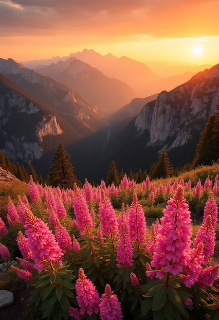 The image is a beautiful landscape of a mountain range with a field of pink flowers in the foreground. The sky is painted with a warm orange and yellow hue, indicating that it is either sunrise or sunset. The sun is setting in the background, casting a golden glow over the mountains. The mountains are covered in trees and shrubs, and the flowers are in full bloom, creating a stunning display of color. The overall mood of the image is peaceful and serene.