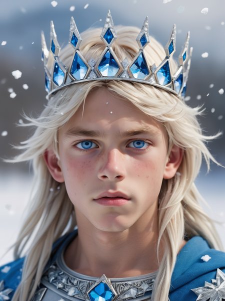 Photographic,absurdres,masterpiece,sharp focus,extreme detail description,male focus,muscular,abs, An ultra-realistic portrait of a young boy with long silver hair and piercing blue eyes, wearing a crown of crystals. He is standing in a snowy landscape, with snowflakes gently falling around him, and is summoning a powerful gust of wind. (crystal crown, snowy scene, serene, soft-focus)