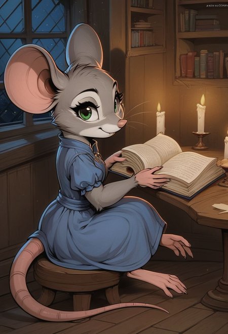 score_9, score_8_up, score_8, (solo), (solo:2), (fluffy:0.8), (feral), indoors, furry, (((mouse))), female, green eyes, grey fur, grey ears, claws, (fluffy cheeks:0.4), (blue dress), cute, in the style of beatrix potter, cel-shading, fca style, (side view), sitting, night, candlelight, hold book, reading, (high angle view), talking to viewer, (glance right:2)