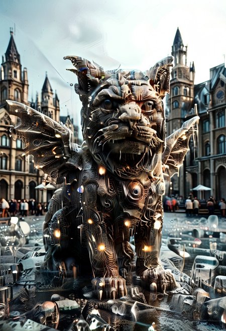 score_9, score_8_up, score_7_up, vibrant candy palette, baroque sci-fi, insane resolution, warped perspective, doll-like pupils, Crystal-winged gargoyle (feline smirk:1.2) in a Gothic Cathedral.  It is raining with a moody atmosphere.  Jutting out of the facade is a grotesque gargoyle with rain drops dripping from it's mouth, ultra detailed  and intricate design of the grey masonry stonework, , hologram dust, surreal (steampunk:0.8) glow, glowinglora, shimmer, chibi, satire, biomech-cute, fractal lights, oil-spill mirrors, 1c3_w1n73r, detailerlora