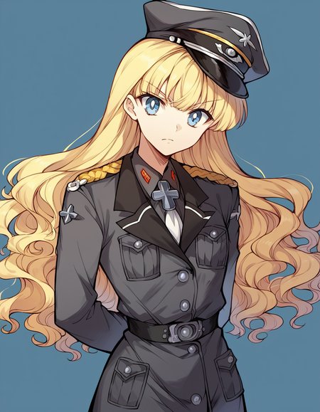 score_9, score_8_up, score_7_up, source_anime, <lora:retia-adolf-ponyxl-lora-nochekaiser:1>, retia adolf, blue eyes, blonde hair, wavy hair, bangs,, gloves, hat, military uniform, peaked cap, zettai ryouiki, hands behind back, solo,, cowboy shot,