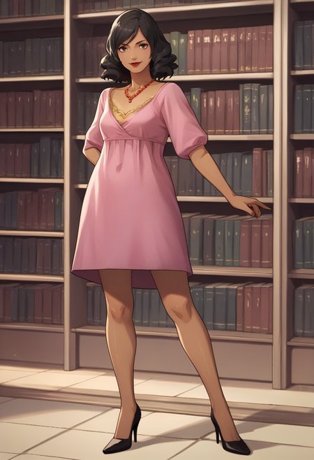 score_9, score_8_up, score_7_up, source_anime, 1girl, smile, looking at viewer, <lora:zs_ChounoXL:1> chounop5, black hair, medium hair, brown eyes, pink dress, necklace, dark skin, lipstick, library, high heels