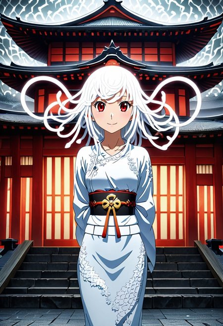 source anime, anime style, official art, "Sengoku Nadeko wrapped by a pale white snake around her, glowing under soft, eerie lighting, surrounded by detailed scales, mixed with a surreal and unsettling atmosphere, photorealistic textures." white_hair, red_eyes, medium_hair, snake_hair,  WHITE DRESS, looking at viewer, beautiful smile, japanese shrine, <lora:SDXLFaeTastic2400:0.4> <lora:extremely_detailed:0.4> extremely detailed, <lora:sn4ke:1>,sn4ke, Masterpiece,best quality,hi res,8k,hi res,8k,award winning,(sharp focus, intricate, highly detailed), rating:safe