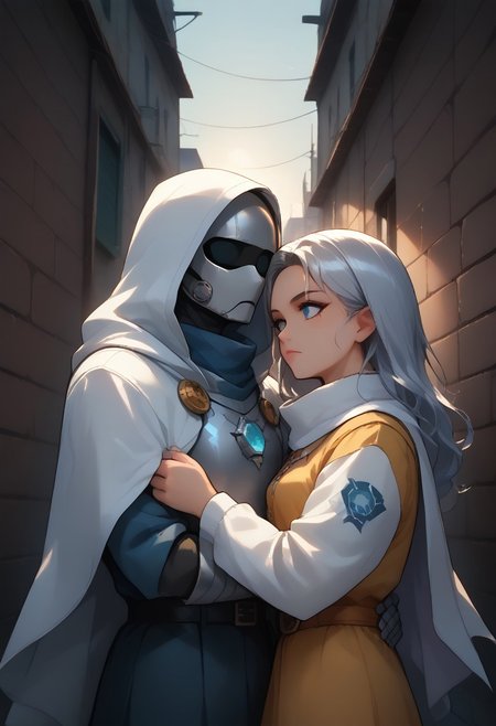 hidden face, mysterious character draped in a tattered white cloak with a hood, standing upright, holding a sliver sword with one hand on the hilt and positioned in front of him, nobility and secrecy, with armor gear visible around the waist. background is dark snowy alley, enigmatic aura of the character. The style is ethereal and artistic, soft lighting and shadows, cinematic warm lighting, mystery, white cloak should have a soft texture, sword should have a shiny metallic sheen. <lora:mommyfy_V2:1>