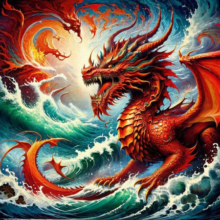 red dragon in the waves art print, in the style of kMji morimoto and abstract, neo-traditional japanese, john blanche, murals and wall drawings, tyler walpole, intense close-ups, absurdist --ar 71:128 --stylize 750 --v 5. 2