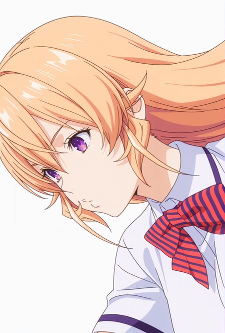 Smooth Quality,masterpiece,very intricate, high quality details, ultra realistic, high detailed skin,detailed enviorement,absurdres,
simple background, white background,solo,dancing, wind, 
sideways,o3o,
 <lora:FoodWCNN:0.8> foodwarstylecnn,
 erina_cnn, nakiri erina, 1girl, blonde hair, long hair, purple eyes, hair between eyes, striped bowtie, collared shirt, school uniform, white shirt
