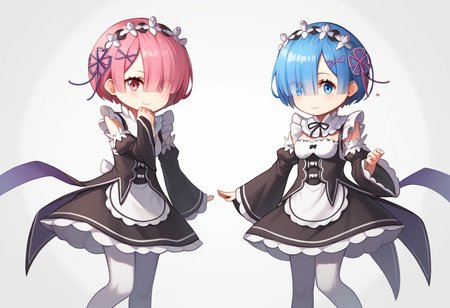 score_9,score_8_up,score_7_up,<lora:ram_rem_pony:1>,2girls,animated,blue_eyes,blue_hair,chibi,commentary,dancing,detached_sleeves,hair_ornament,hair_over_one_eye,hair_ribbon,light_smile,pantyhose,pink_eyes,pink_hair,ram_\(re:zero\),rem_\(re:zero\),roswaal_mansion_maid_uniform,short_hair,simple_background,sisters,the_monkey,twins,ugoira,white_background,white_legwear,