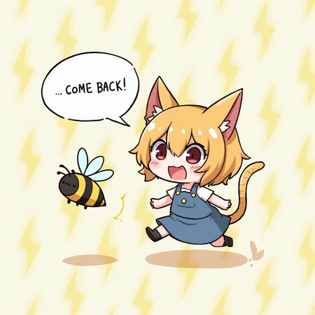 A charming and kawaii anime-style illustration of a chibi catgirl energetically chasing after a small bumblebee mid-flight as it escapes from her. The bumblebee is flying away from her. The catgirl's struggle is humorously depicted with cartoonish sweat drops flying off her as she reaches out, her expression a mix of determination and adorable frustration. A playful speech bubble hovers near her, exclaiming, "Come back!" The background is simple but enhanced with a repeating pattern of lively yellow lightning bolt symbols, adding a dynamic feel to the scene.  The overall composition is simple but expertly balanced, clean and visually engaging while evoking a delightful, comical vibe that captures the humor and cuteness of this kawaii masterpiece.