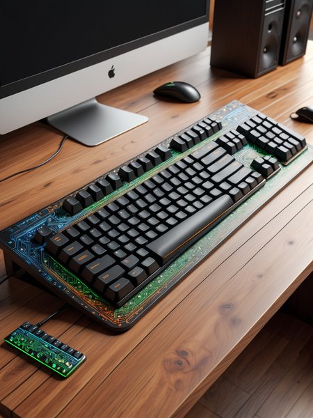 Computer with mad-circuit keyboard on wooden desk in office <lora:Colorful_Circuit_SDXL:0.4>, (masterpiece:1.2), best quality, (hyperdetailed, highest detailed:1.2), high resolution textures