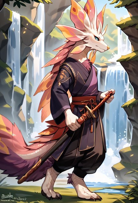 zPDXLscore_9,score_6_up,score_8_up,score_7_up,score_5_up,score_4_up,best quality, <lora:Mizutsune-XL-ADAM-V2-000035>, mizutsune, anthro, dragon, white scales, purple tail fur, male, solo, digitigrade, detailed tail, halfbody, black sclera, blue eyes, red eye shadow, tall, athletic, ronin clothes, sheathed sword, male black color kimono, black medieval pants, standing pose, badass pose, serious expression,  waterfall river background, detailed background, view from side, semi-anime style