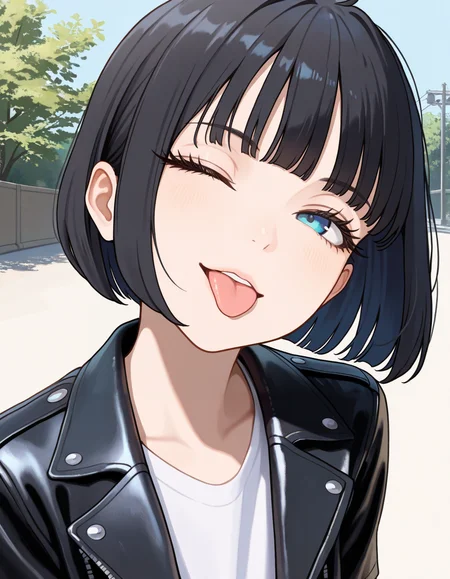 masterpiece, best quality, very aesthetic, absurdres,
outdoors, 
t-shirt, leather jacket, 
headshot, face focus,
head tilt, one eye closed, tongue out, 
seductive smile, parted lips, long eyelashes,
 <lora:Annya_v01_NAIXL:1>  Annya,1girl,solo,black hair,short hair,bob cut,bangs,blue eyes,