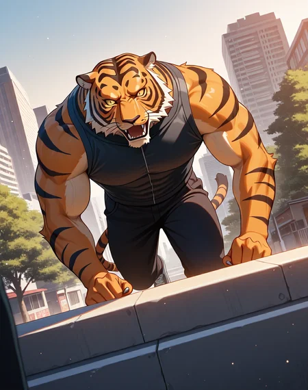 <lora:Armour_Tiger_(Astro_Fighter_Sunred)_(Illustrious)_(AD):1> Armour Tiger, muscular, Sunred, 
dutch angle, exterior, city park, city, trees, houses, apartments, Japanese style modern architecture, 
villain, strong, powerful, 
BREAKvery awe, aesthetically pleasing, masterpiece, best quality, amazing quality, very aesthetic, perfect depth of field shot, gradient style coloring, bright vivid colors, source_anime, masterclass anime, 
EZRealPONYXL, zPDXL, Smooth Quality, lazympos, IllustQualXL_Pos,