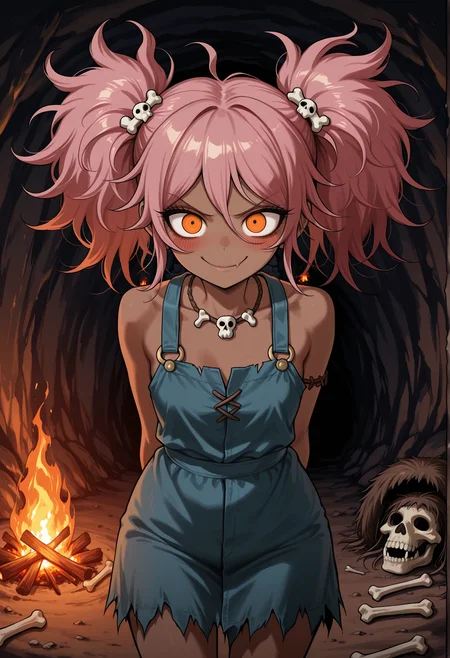1girl, solo, dark skin, evil, evil smile, reaching viewer, orange eyes, pink hair, messy hair, twintails, hands behind back, closing to the viewer, cavewoman, fur, bone hair ornament, jewelry prehistoric, evil smile, closed mouth, blush, indoors, cave, bonfire <lora:danganronpa:1>, masterpiece, best quality, amazing quality, very aesthetic, absurdres, highres, newest