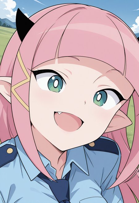 akuma_eclair, demon girl, fang, bright pupils, green eyes, pink hair, blunt bangs, long hair, pointy ears,  police uniform, policewoman, collared shirt, short sleeves, <lora:akuma_eclair_illustrious_ver1:0.8> 
smile,, masterpiece, best quality, sensitive,, 1girl, solo, blue sky, (grasslands:1.2), looking at viewer,, (upper body:1.2), (open eyes:1.4), (portrait:1.4)