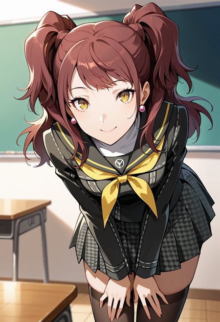 (masterwork, masterpiece, best quality, hyper-detailed),
1 girl, solo, 
p4rise, kujikawa rise, twintails, long hair, brown hair, earrings
p4rise-winuni, yasogami school uniform, serafuku, long sleeves, black shirt, white turtleneck, school uniform, pleated skirt, houndstooth, thighhighs, zettai ryouiki, 
classroom, standing, looking at viewer, smile, cowboy shot, v arms, cute pose, leaning forward,